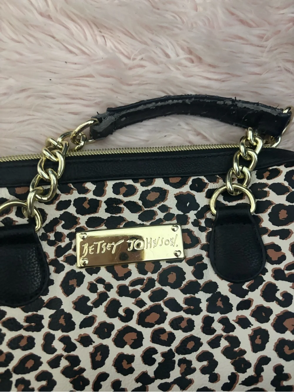Betsey Johnson Leopard Print Satchel in Brown and Black with Gold Chain Handles